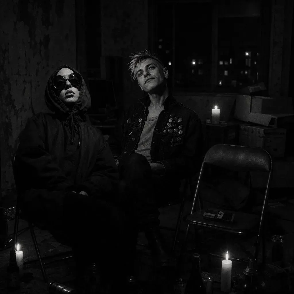 A candle-lit squat room: a hooded girl in round sunglasses and a pin-jacketed young man sit on folding chairs among cardboard boxes, a small recorder on the box between them.
