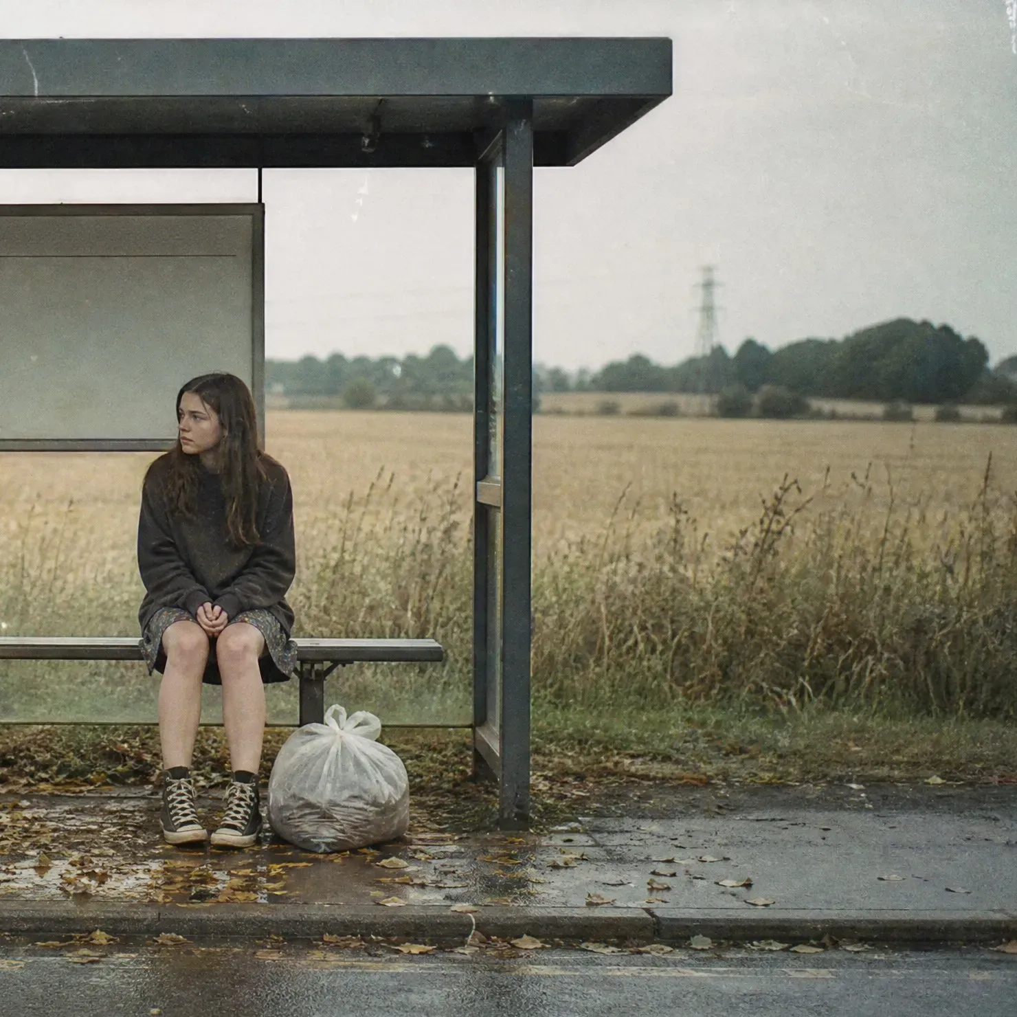 Faded photograph. A teenage girl sits alone in a rural bus shelter beside a white plastic bag, an overcast field of dry grass stretching behind her.