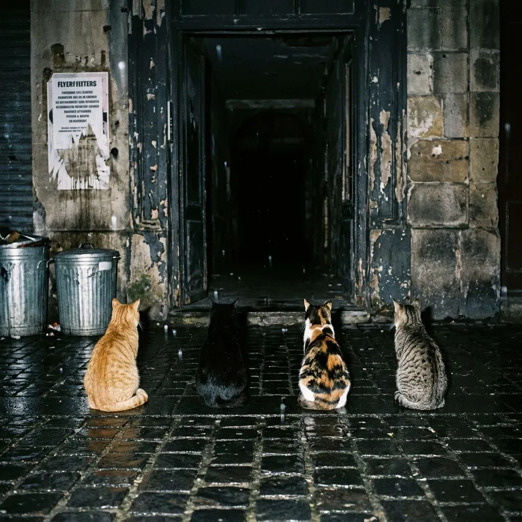 Four street cats — ginger, black, calico and tabby — sitting in a row on wet cobbles at night, all facing an open doorway into total darkness, waiting for something to come out. A poster on the wall beside them reads FLYERFFITTERS.