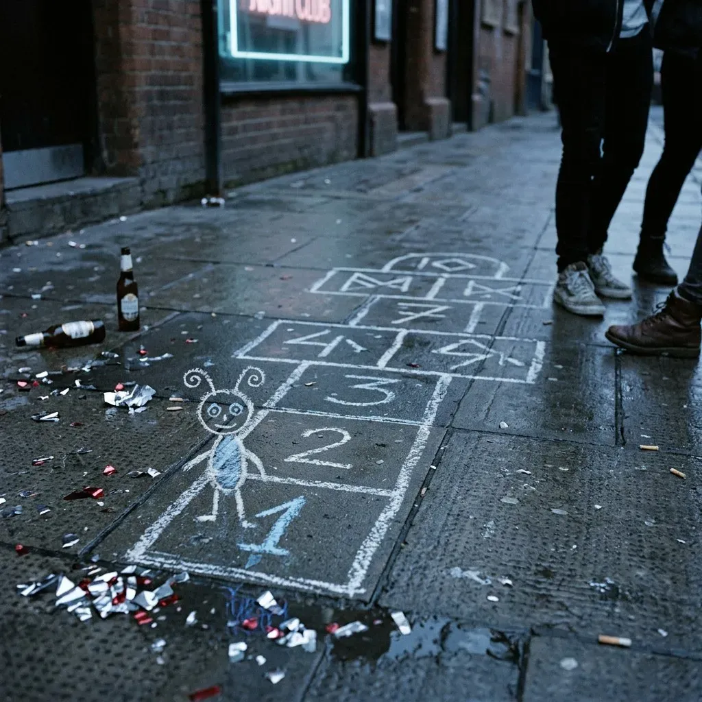 A chalk hopscotch grid on wet night pavement, broken glass and a beer bottle at its edge; in square two, a small chalk stick figure with antennae stands very still.