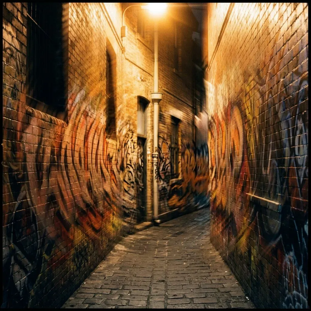 A narrow cobbled alley at night, both walls dense with tags — the paint smeared into long motion-streaks leaning toward the lit bend ahead, as if the walls were pouring slowly forward.