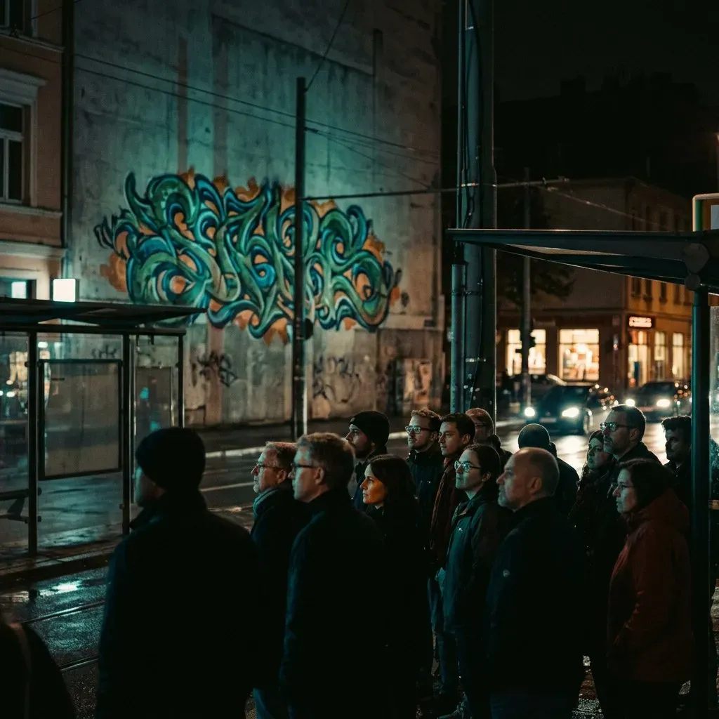 A bus-stop crowd at night, everyone facing the same way, lit faintly teal by an enormous glowing tag on the wall across the street. Nobody photographs it.