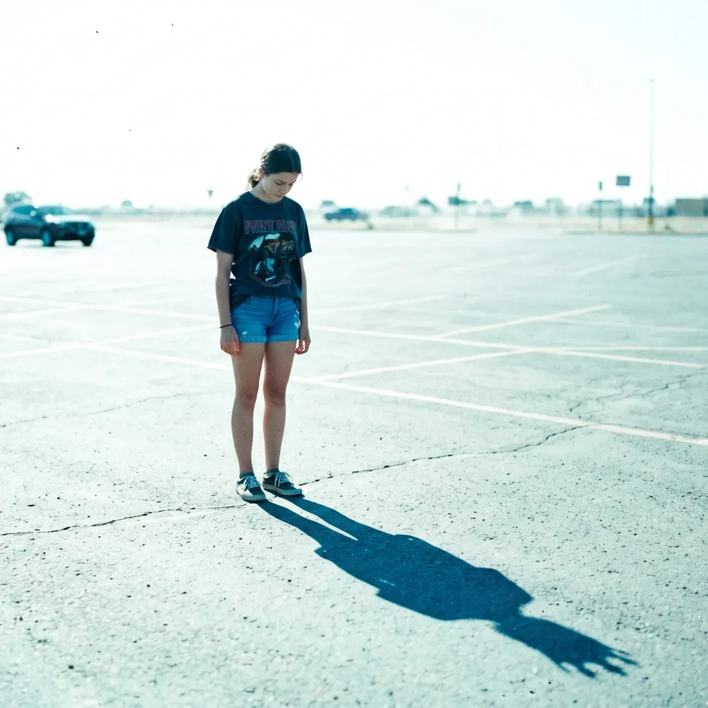 Faded colour photograph. A teenage girl in a band T-shirt and denim shorts stands alone in a vast empty parking lot in flat daylight, head down, a long shadow stretching across the cracked asphalt.