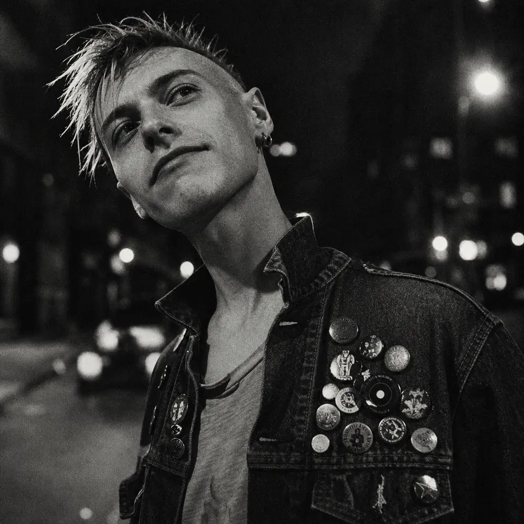 Night street portrait of a young man with bleached hair and a denim jacket armoured in band pins, smiling like he knows something mid-joke.