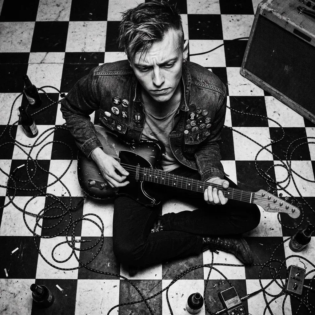 Overhead shot: the pin-jacketed young man sits cross-legged on a checkerboard floor with an electric guitar, cables coiled around him like moats.