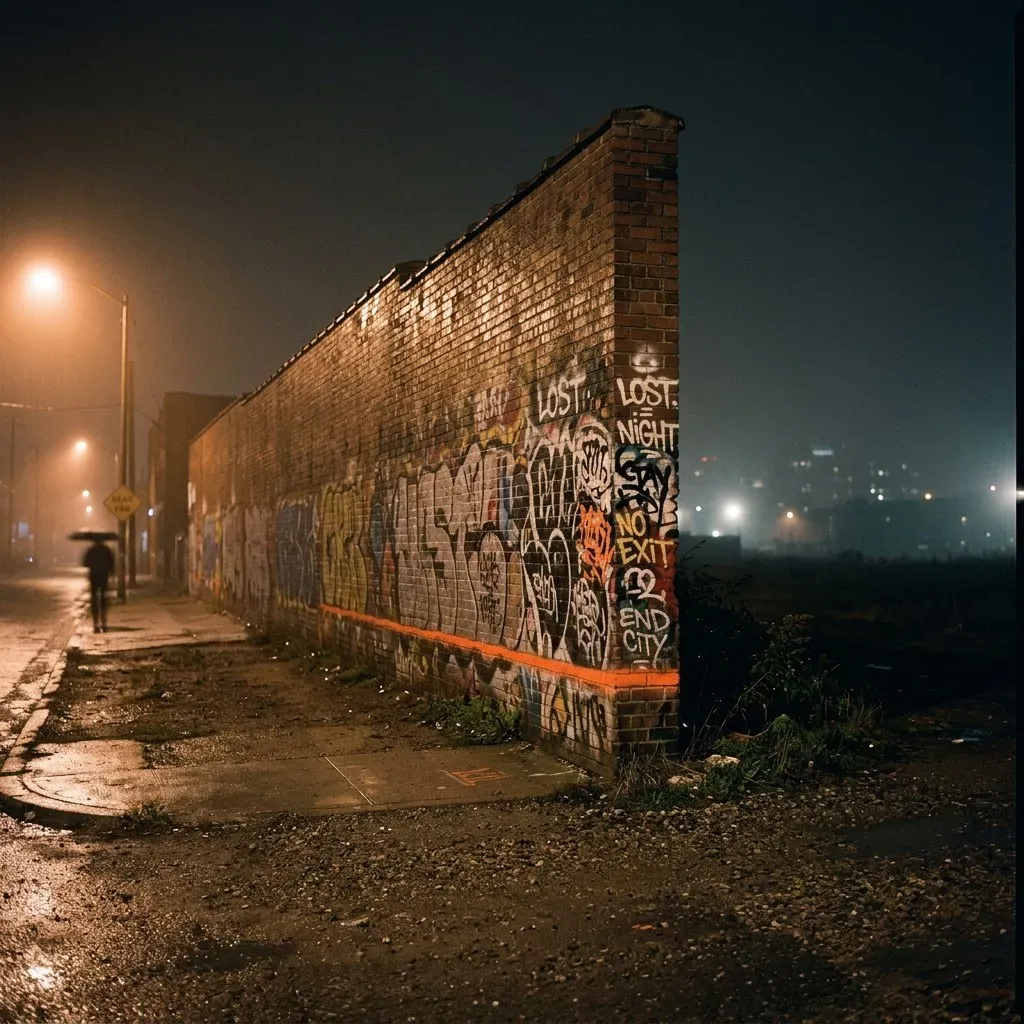 A long graffiti-covered brick wall at night simply ending at open waste ground, fog beyond; the tags crowd dense to the last brick — LOST, NO EXIT, END CITY — and an orange line runs along the base and stops at the corner.