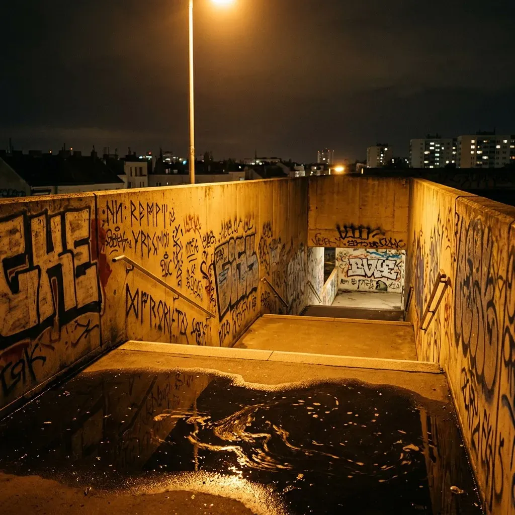 A graffiti-lined concrete gully descending under sodium light, every surface tagged, a dark stain of water spreading across the floor.