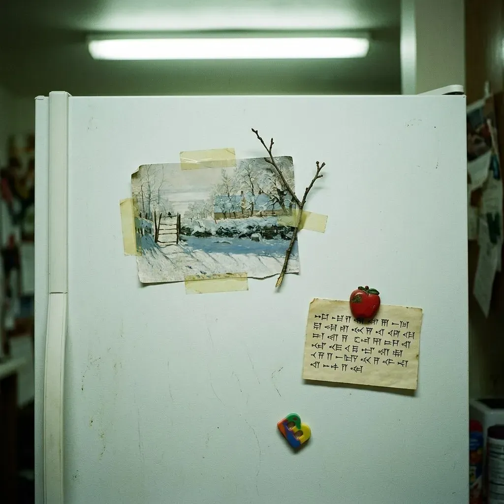 A refrigerator door under green kitchen light. Taped to it, curling at the corners, a print of Monet's snow painting La Pie; beside it a handwritten note held by a strawberry magnet.