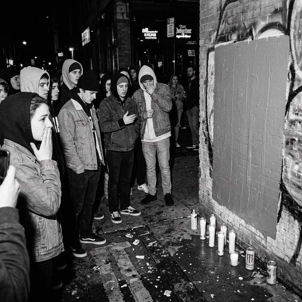 Black-and-white: a crowd of hooded mourners gathered at night before a freshly painted grey rectangle on a brick wall, a row of votive candles burning at its base.