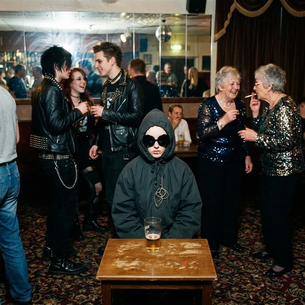 A working-men's social club: punks in leathers chatting with sequined grandmothers under a mirror wall; at a table in front, the hooded girl sits alone with a pint.