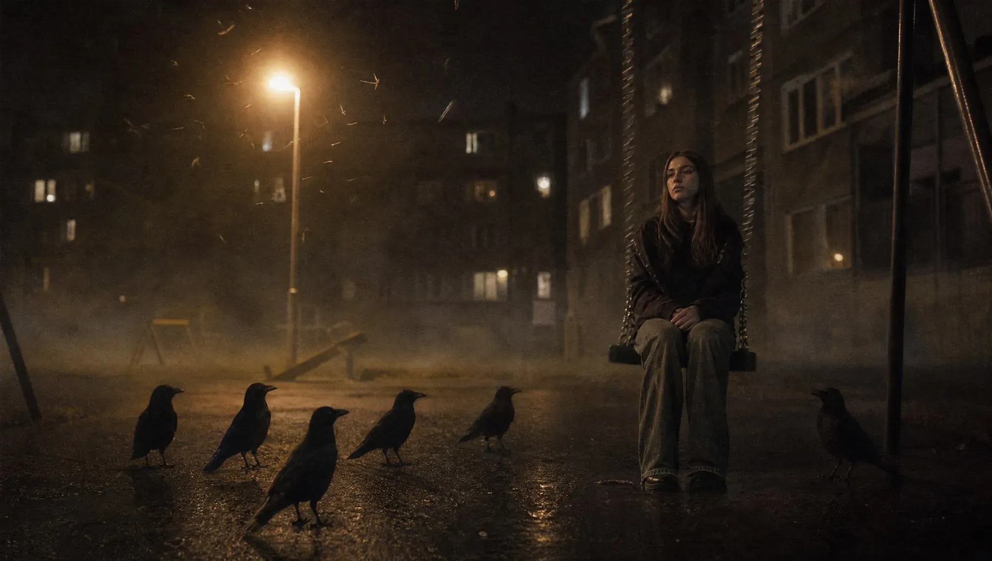 Long-exposure night photograph of a housing-block courtyard. A teenage girl sits alone on a playground swing under a sodium lamp; a line of crows stands on the wet asphalt before her, one apart from the rest.