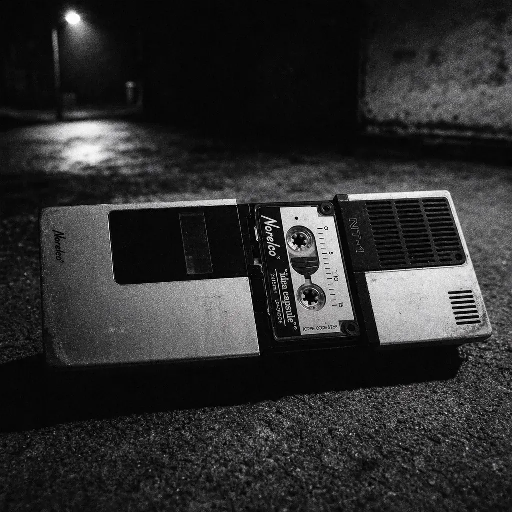 A scuffed silver Norelco cassette dictaphone lying alone on wet asphalt under a streetlamp, like something that walked there.