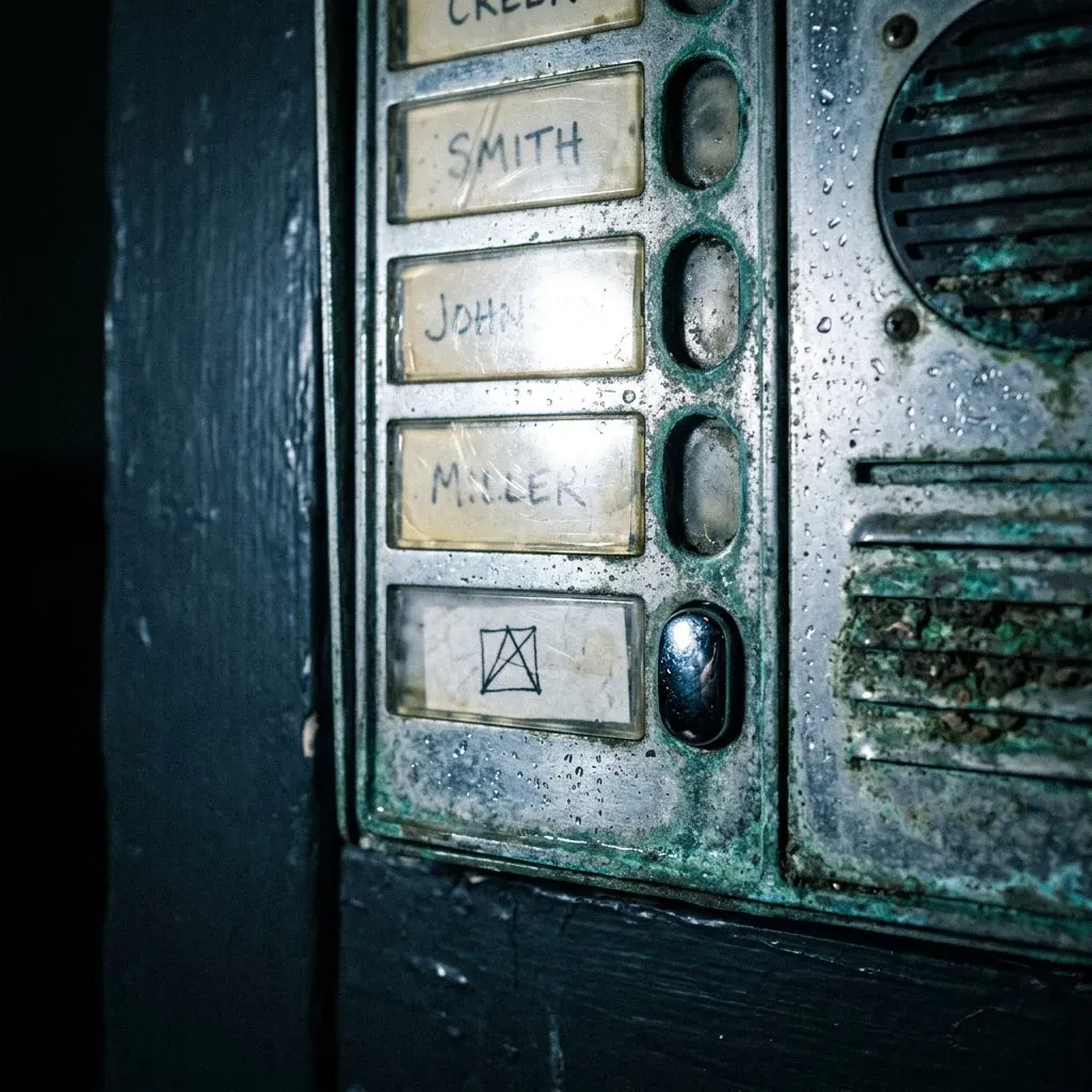 Close-up of a corroded brass intercom panel in the rain, name slots reading SMITH, JOHN, MILLER; the bottom slot holds a blank card with a hand-drawn crossed-out-square sigil.