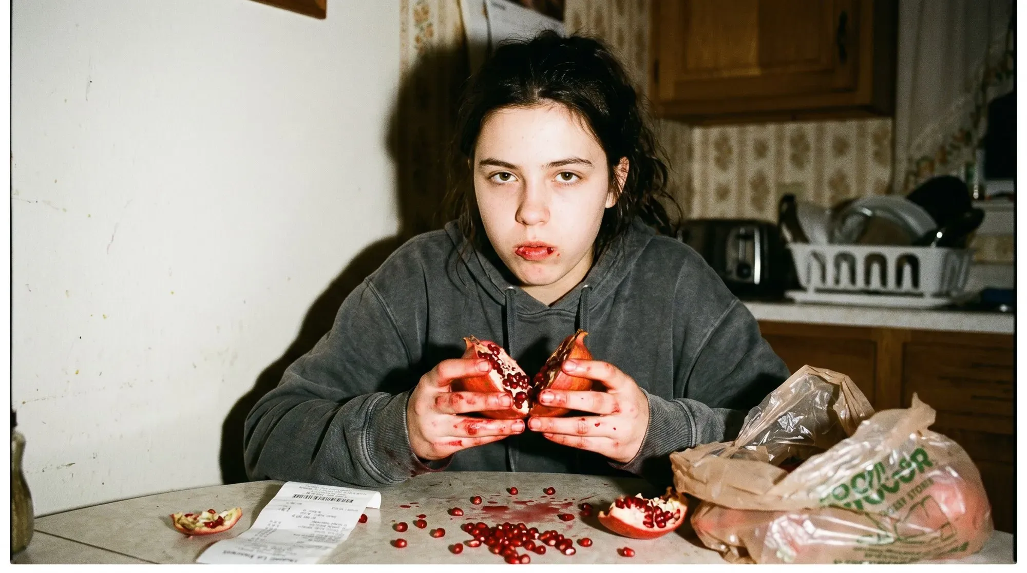 Harsh flash snapshot in a dated kitchen. A teenage girl at the table stares into the lens, mouth stained, tearing a pomegranate in half; seeds scatter across the table beside a receipt and a grocery bag.