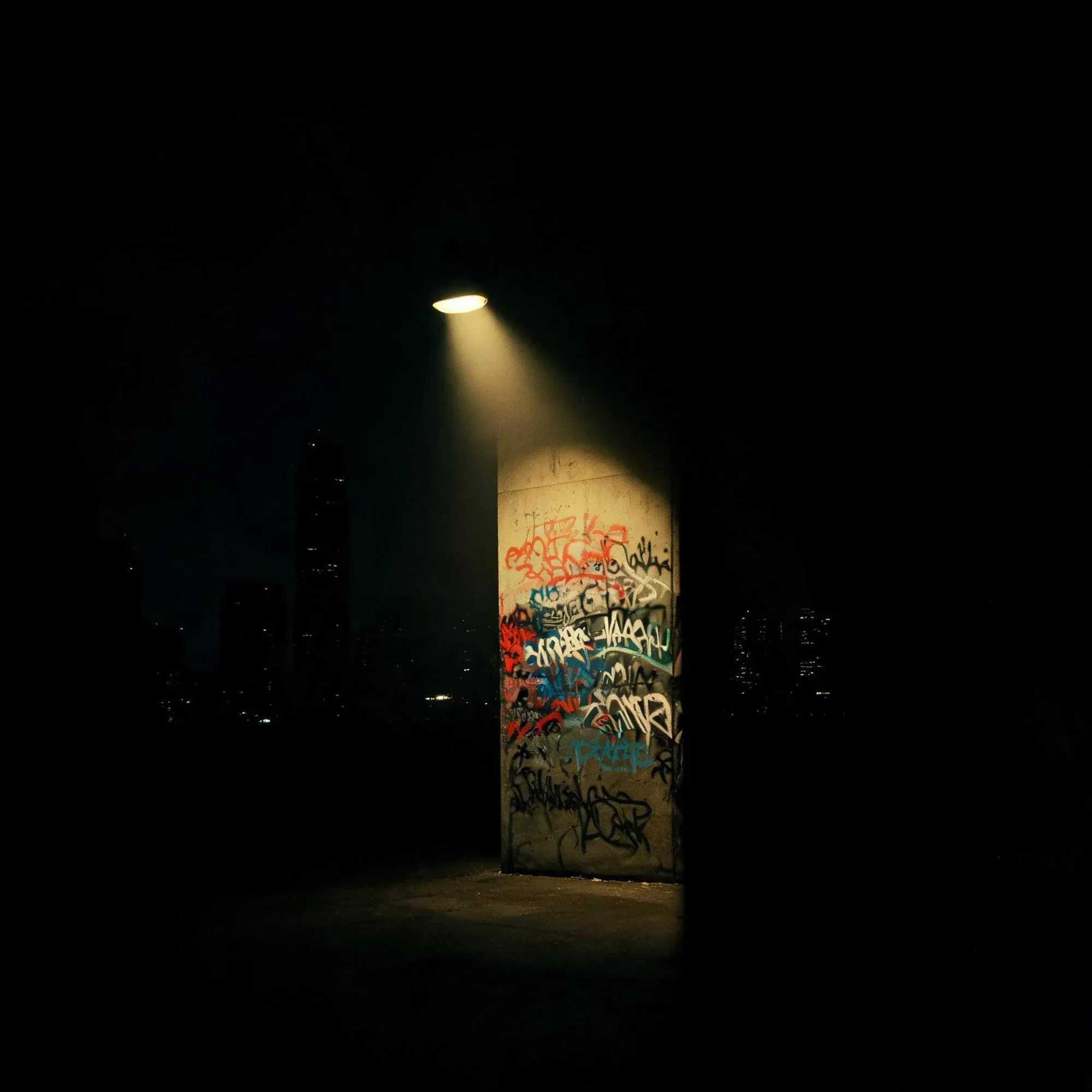 A single freestanding concrete slab in total darkness, lit by one lamp above it, its face covered in tags — the last lit wall anywhere.