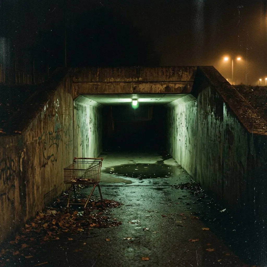 A pedestrian underpass at night lit by one greenish tube, an abandoned shopping cart standing halfway in, wet leaves on the path.