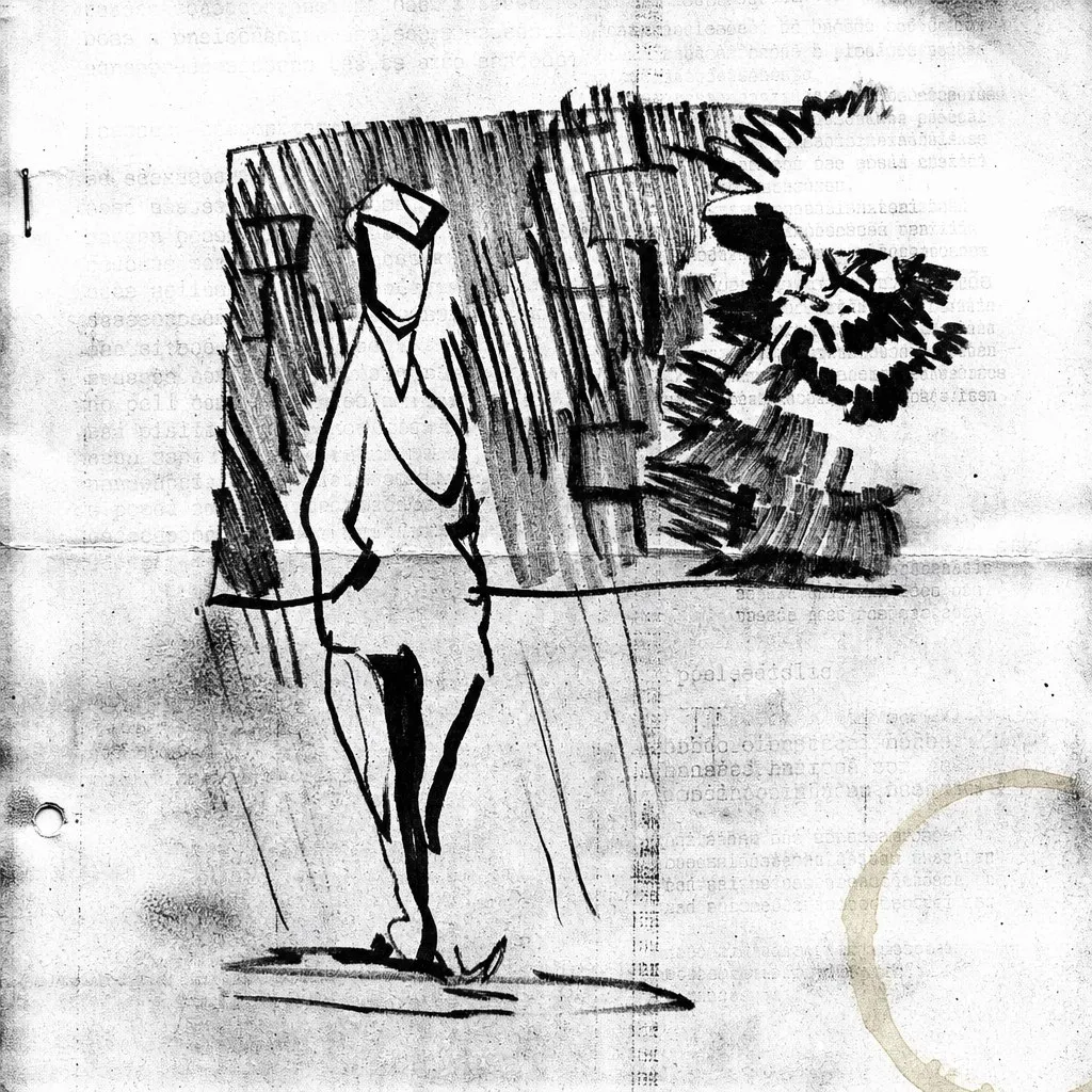 A charcoal-and-ink sketch on newsprint, photocopied and marked with a coffee ring: a hooded figure walks, scratched out in frantic black strokes, a scrawled bird-shape lunging behind them.
