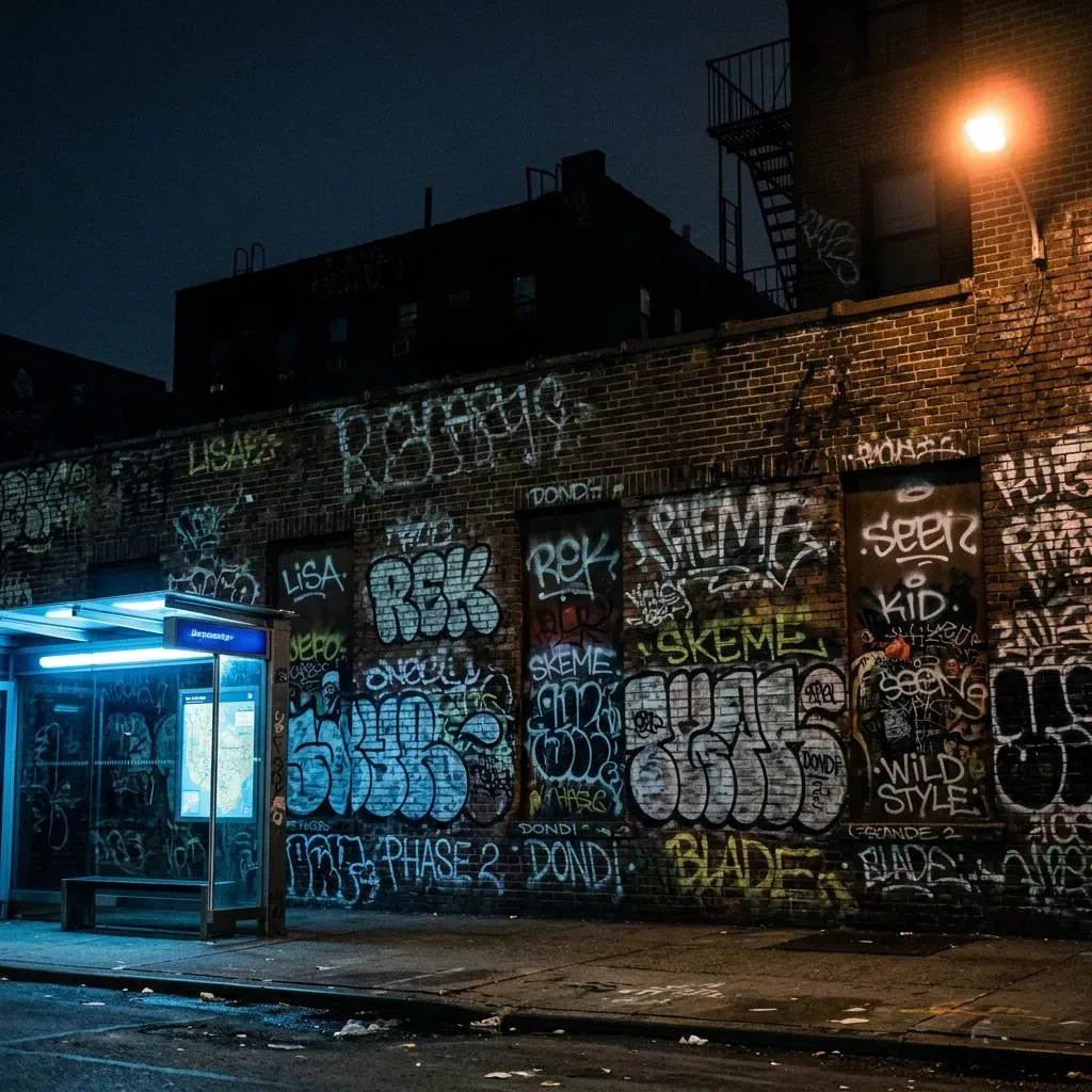 A bus shelter glowing pale blue at night beside a wall carpeted edge to edge in tags.