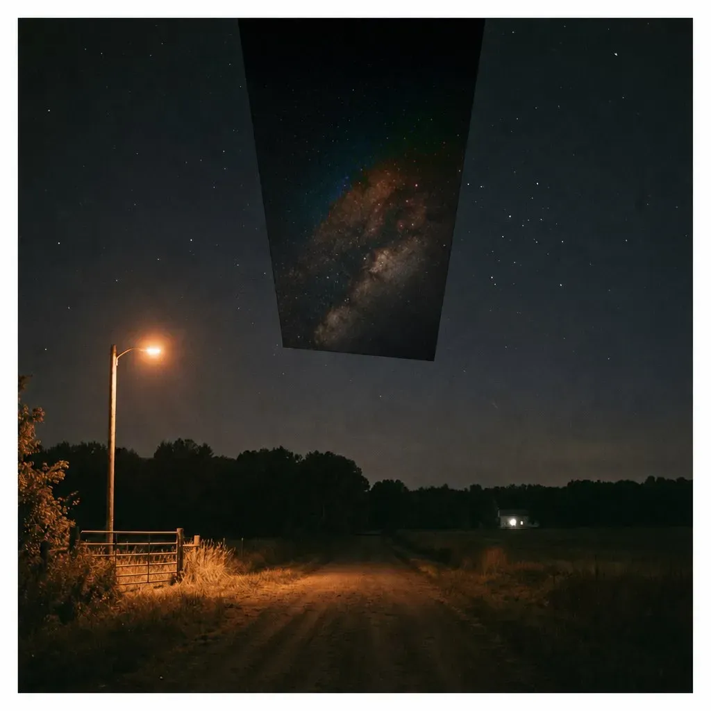 Night photograph of a dirt road under a streetlamp; a tall rectangular slice of the sky is cut out and replaced with a dense starfield, like a door standing open in the dark.
