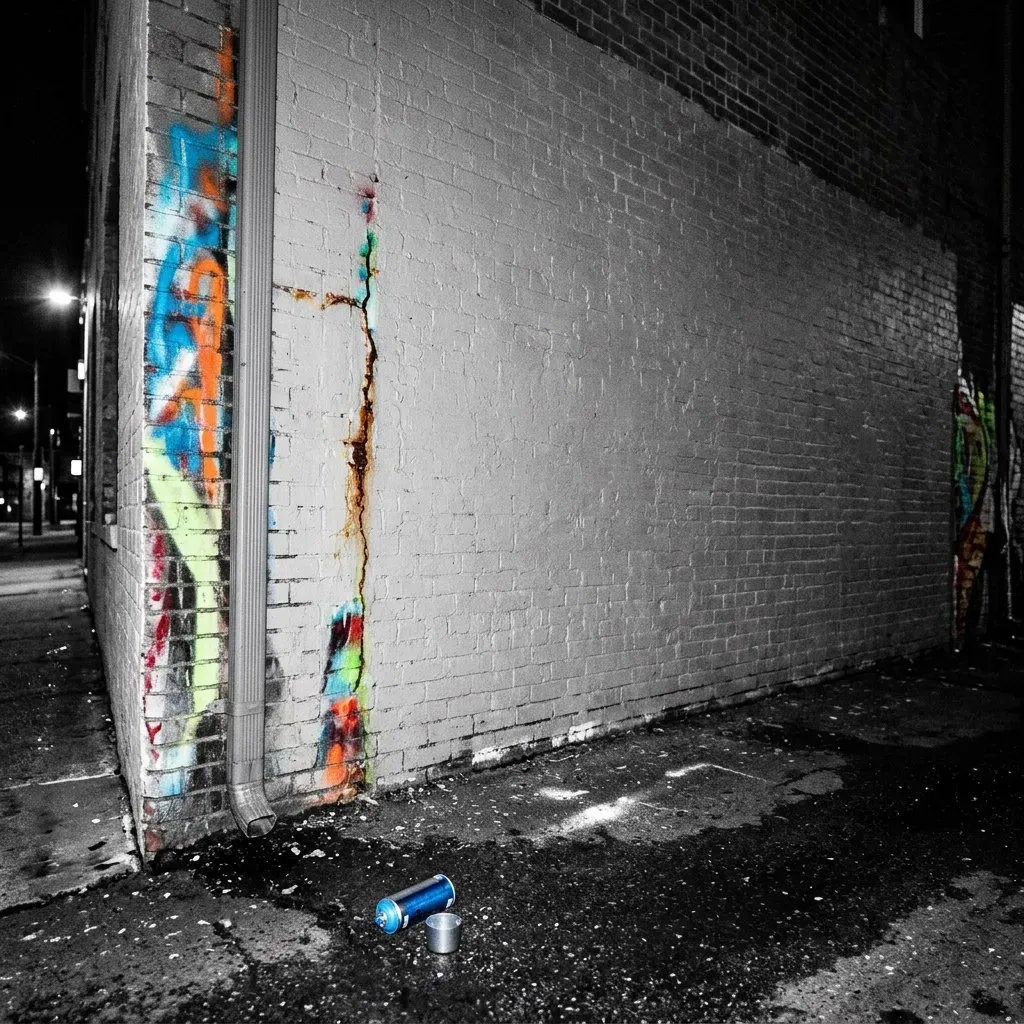 A grey-washed brick wall at night, almost clean — except for a tall crack down its face bleeding full-colour graffiti from inside, and a single blue spray can toppled on the pavement beneath it.