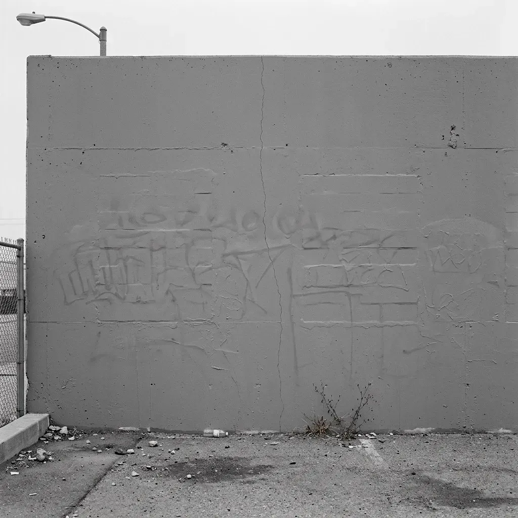 A freshly repainted pale wall, blank in the daylight — except for the raised ghost-shapes of letters still pushing through from under the paint.
