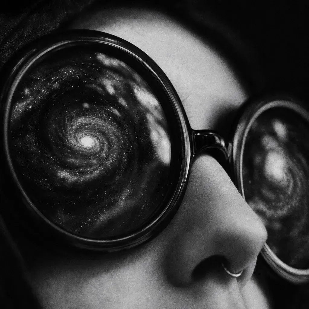 Extreme close-up of a girl's face behind huge round sunglasses; each lens reflects a spiral galaxy that is not in the room.
