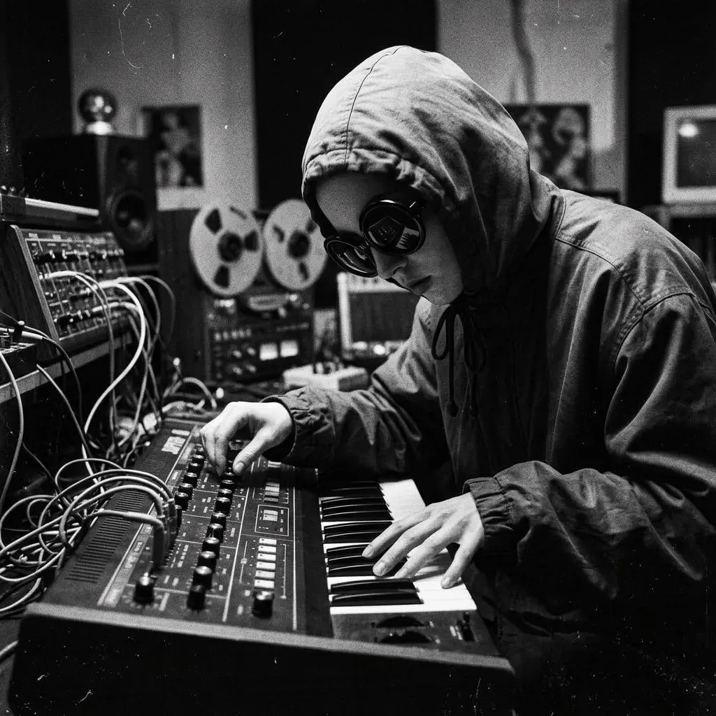 The hooded girl at a synthesizer in a small studio, reel-to-reel turning behind her, one hand on the keys, face unreadable under the glasses.