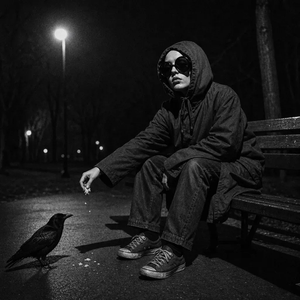 A hooded girl in round sunglasses sits on a park bench at night, dropping crumbs to a raven standing at her feet.