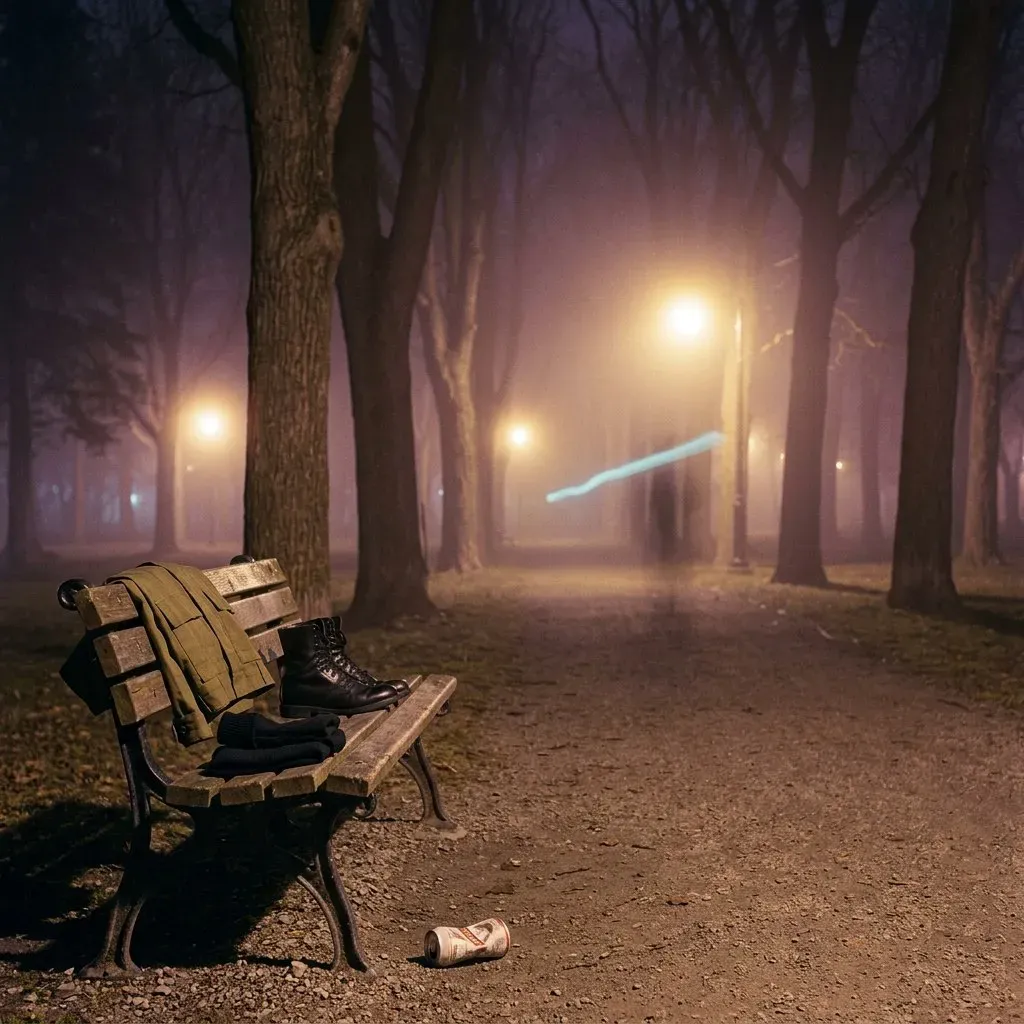 A foggy park avenue at night: folded clothes and boots left neatly on a bench, and far down the path a faint pale streak of someone mid-run.