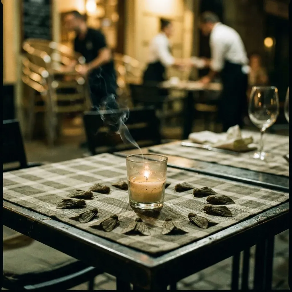 A restaurant table at night set with a single lit candle in a glass, ringed by a neat circle of moths; in the background waiters tidy an empty terrace.