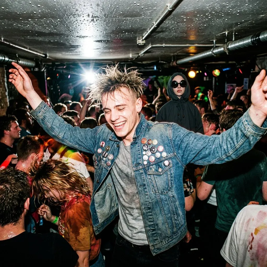 Flash photo in a heaving basement gig: the pin-jacketed one euphoric with both arms up, the hooded girl beside him motionless in sunglasses, the crowd a blur.