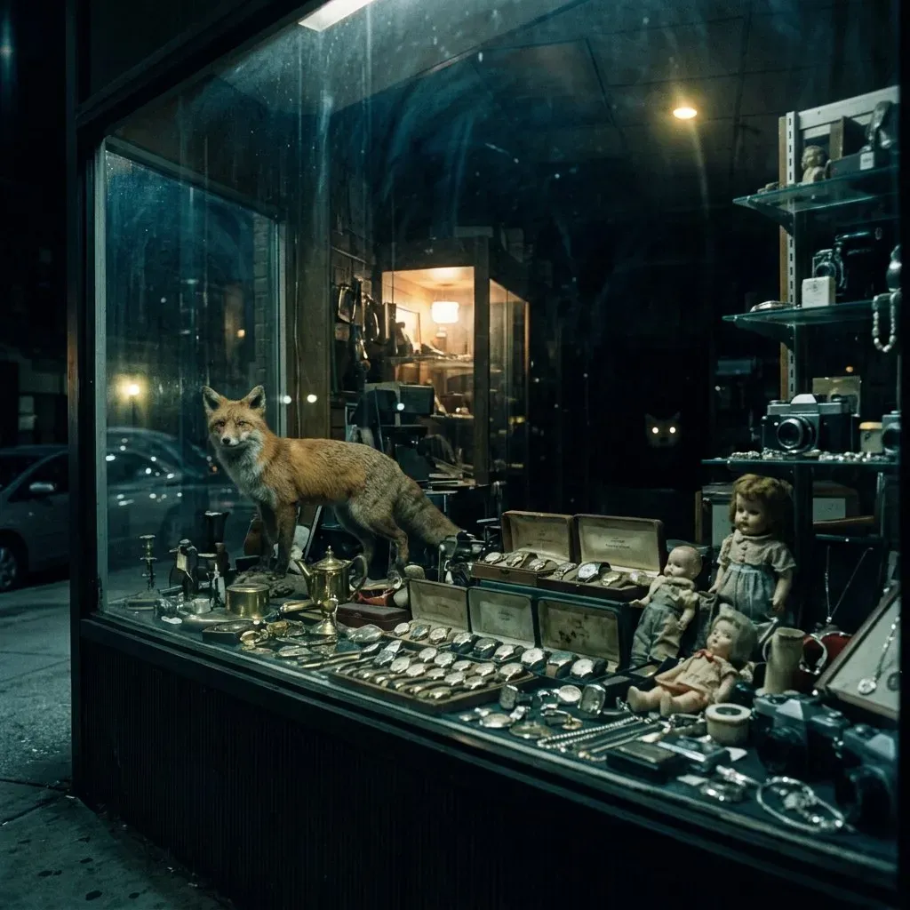 A pawnshop window at night: a taxidermy fox stands among trays of wristwatches, silver cups, old cameras and a porcelain doll.