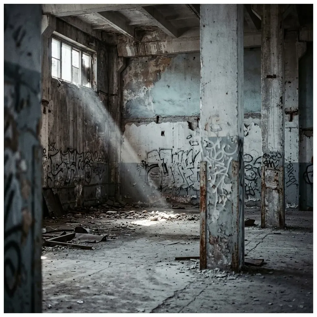 A derelict factory hall, daylight raking through high windows onto concrete pillars with old faded tags, paint gone chalky and pale.