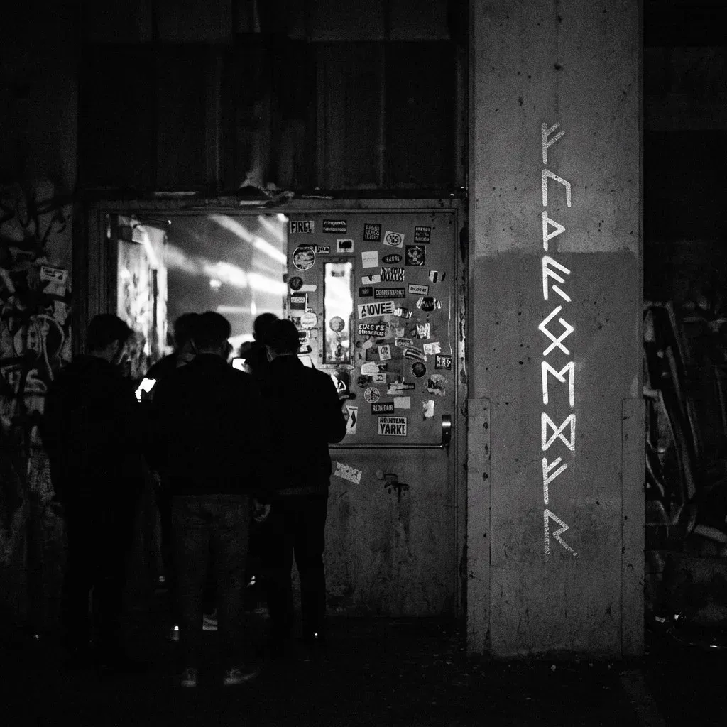 Black-and-white: a huddle of people at a stickered door under a concrete pillar painted with a tall column of runes.