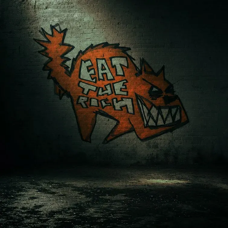 A spotlit brick wall carrying an orange cat-shaped tag, its body built from the words EAT THE RICH, grinning with three rows of white teeth.