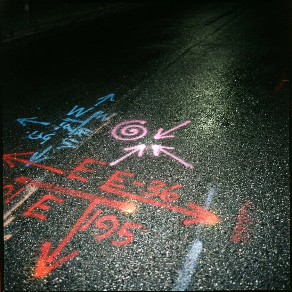 Wet asphalt at night covered in utility spray-markings — blue, red and pink arrows, codes, a small spiral — layered like a diagram of something else.