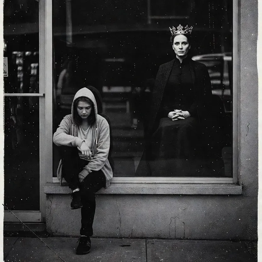Black-and-white photograph. A hooded teenage girl sits on the ledge of a shop window at night; behind the glass a crowned woman in a high-collared black dress sits upright, hands folded, watching her.