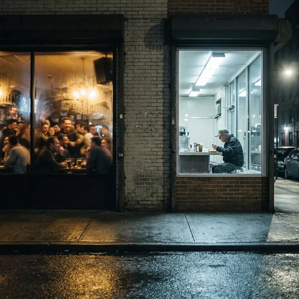 Two lit windows in one dark brick wall: a bar packed shoulder-to-shoulder, and beside it a bare fluorescent room where one man sits alone with a coffee.