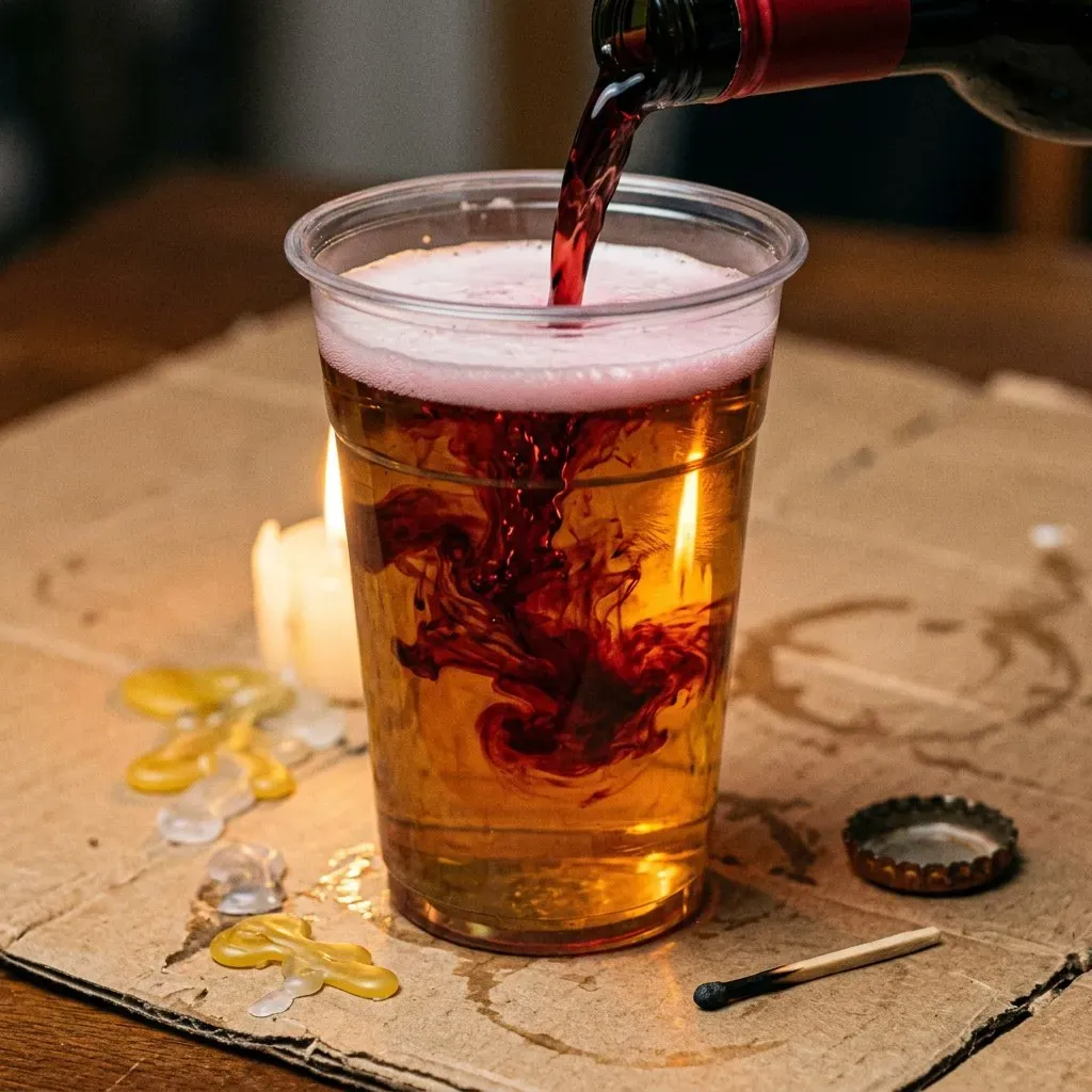 A plastic pint of lager on wax-dripped cardboard, dark red wine mid-pour blooming down through the beer like smoke.