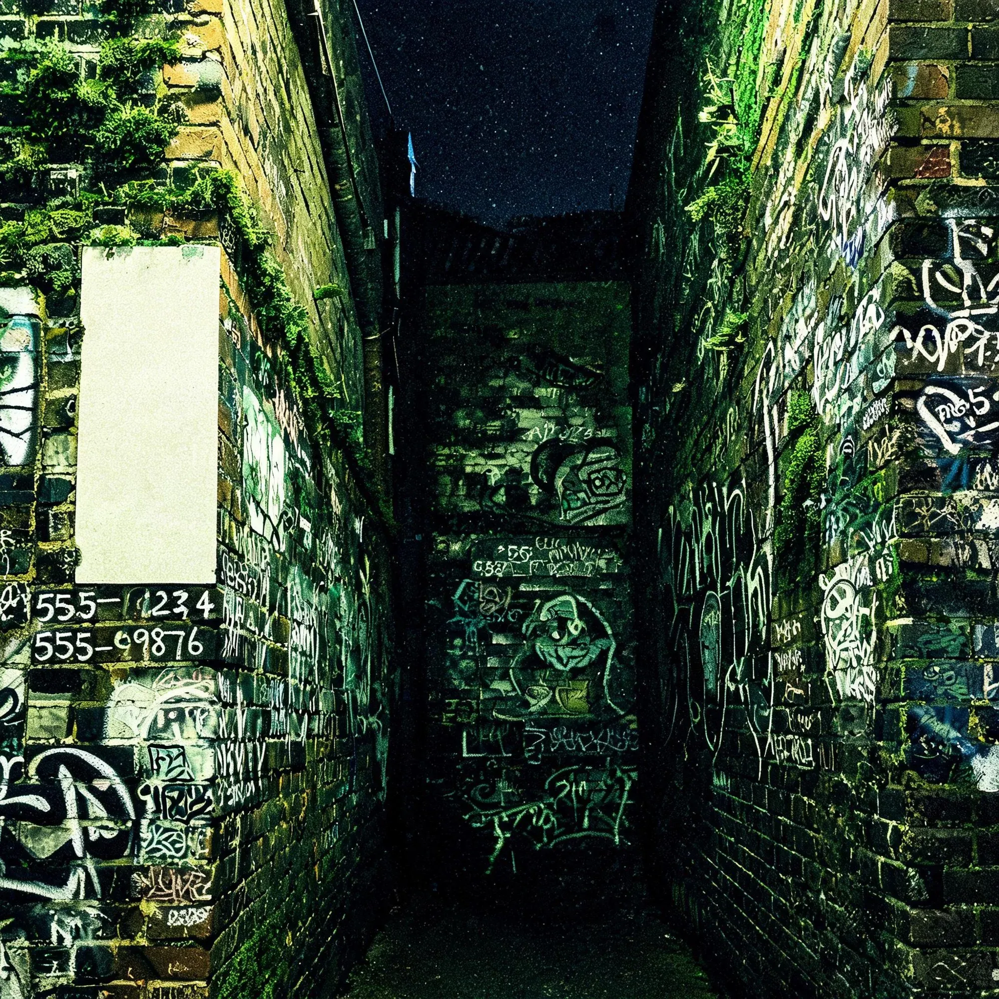 A narrow moss-green alley at night, brick walls dense with tags and painted phone numbers — 555-1234, 555-69876 — around a pale glowing blank rectangle.