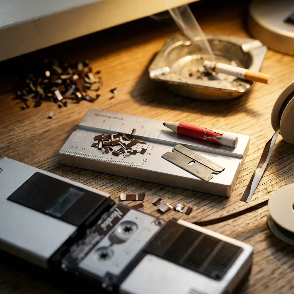 A work desk with the Norelco recorder, a splicing block, razor blades, a red chinagraph pencil and a small heap of snipped tape fragments beside a full ashtray.