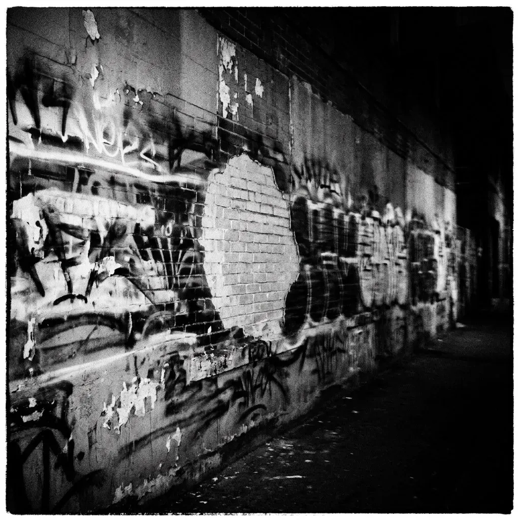 Black-and-white: a graffiti wall with a pale round burst low on the brick, like something splashed and stained into the paint.
