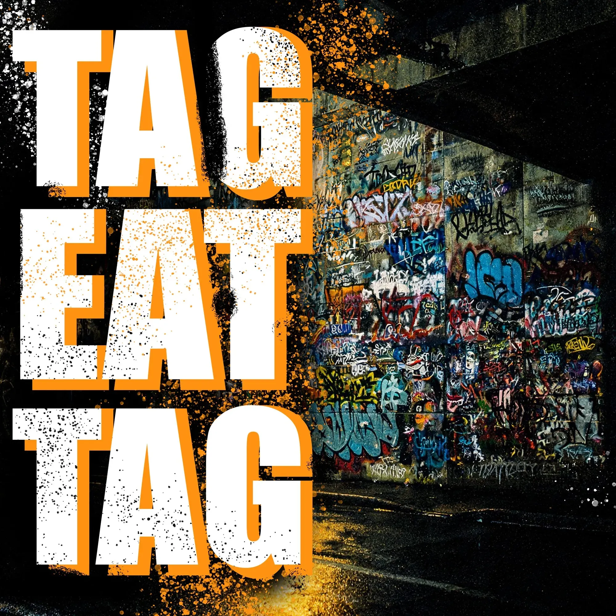 Title card. TAG EAT TAG in huge white spray-stencil capitals edged in orange, over a night photograph of a graffiti-covered wall under a concrete overpass, wet asphalt catching the light.