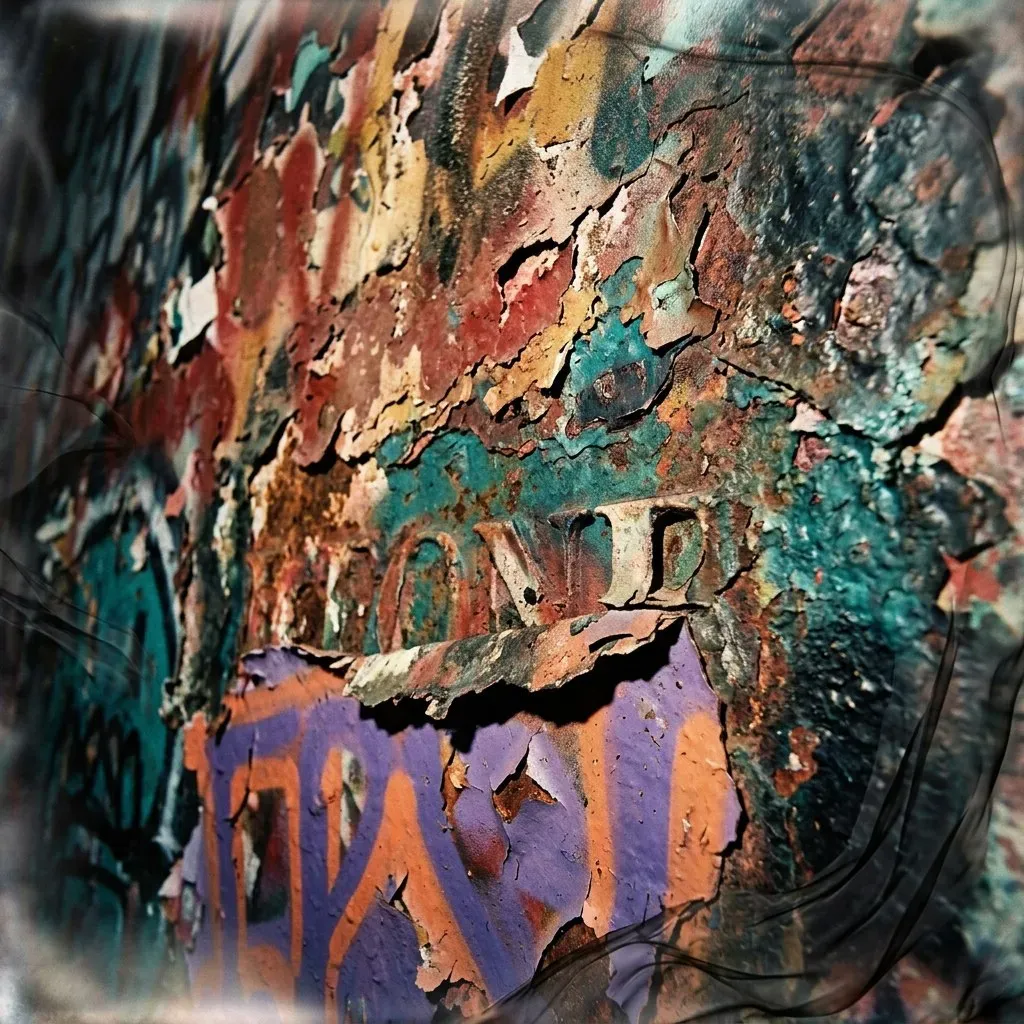 Extreme close-up of a wall bearing years of tags layered like strata, paint peeling in flakes thick as bark; under the topmost layer, crushed purple letterforms still legible.