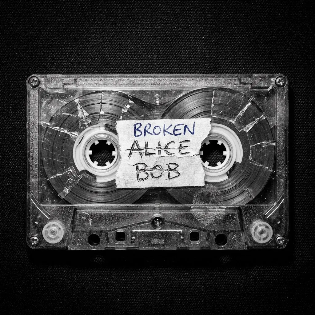 A cracked clear cassette, its label overwritten — ALICE and BOB struck out, BROKEN written above them in biro.