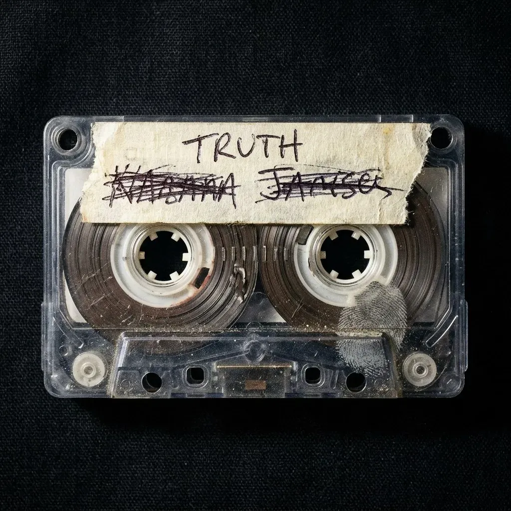 A clear cassette with a strip of masking tape across it: two names scribbled out hard, and above them, TRUTH.
