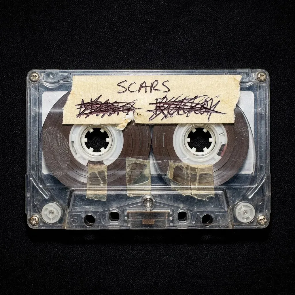 A cassette shell mended with strips of tape, its label reading SCARS over two crossed-out names.