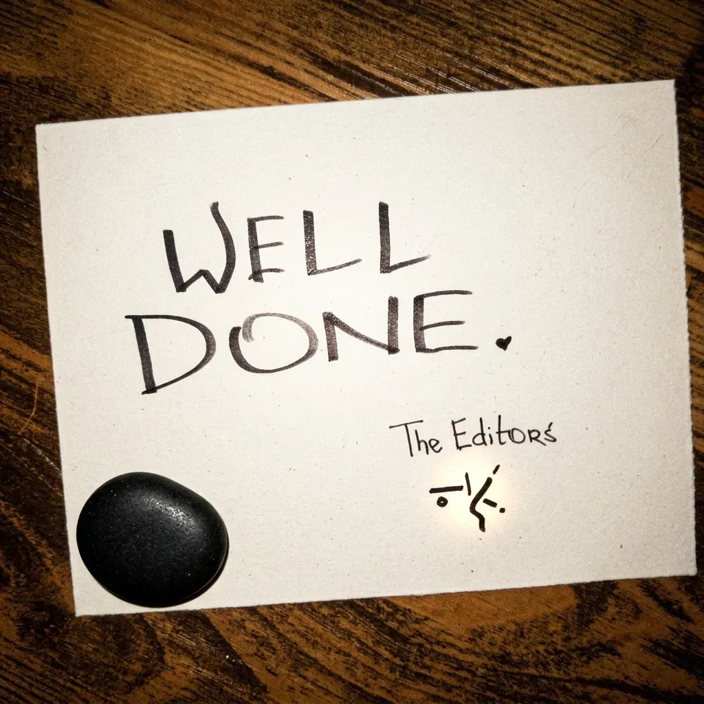 A cream note lying on dark floorboards, handwritten in marker: WELL DONE, with a small heart — signed The Editors, with a tiny stick-figure sigil. A smooth black pebble rests on the note's corner.