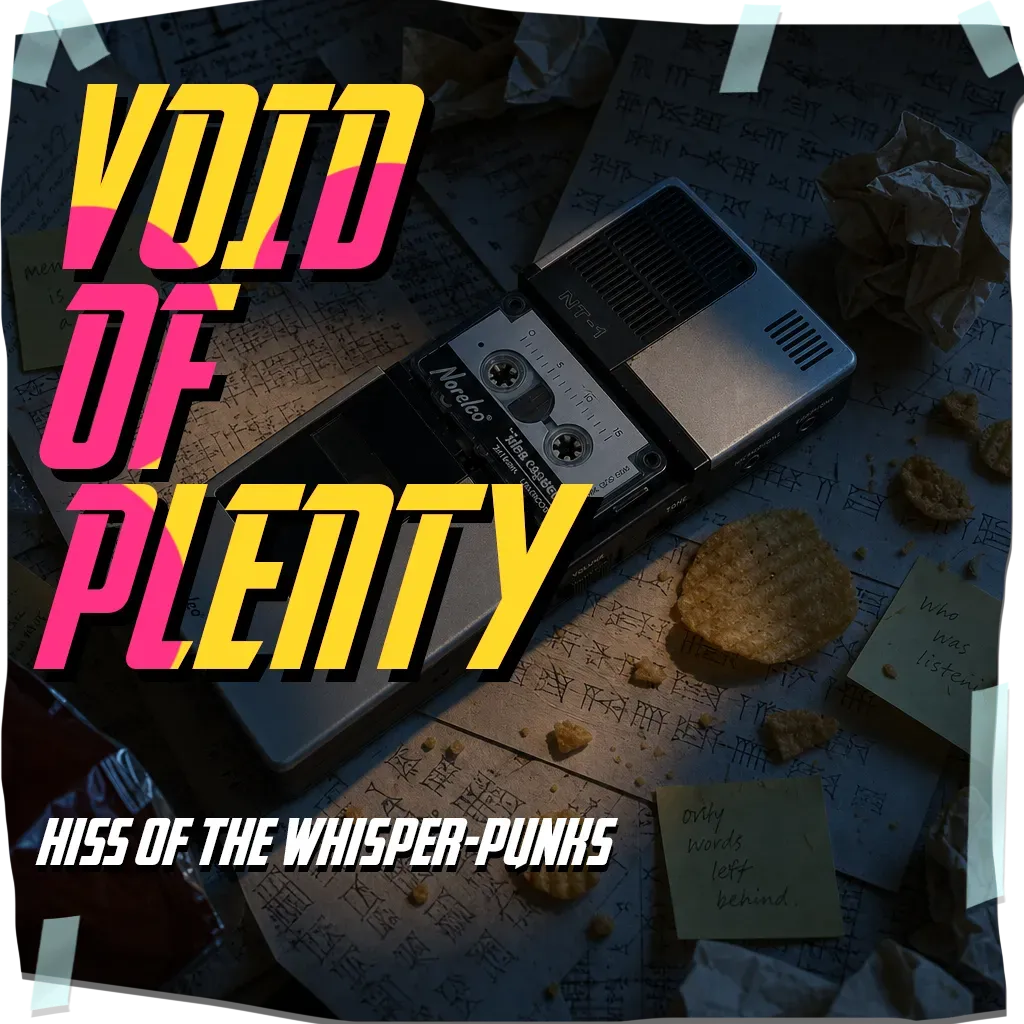 A square title card taped down at its corners. VOID OF PLENTY in slanted pink-and-yellow punk lettering over a photo of a battered silver Norelco cassette dictaphone lying on scattered handwritten papers and chip crumbs, sticky notes reading 'who was listening' and 'only words left behind'. Below, in white: HISS OF THE WHISPER-PUNKS.