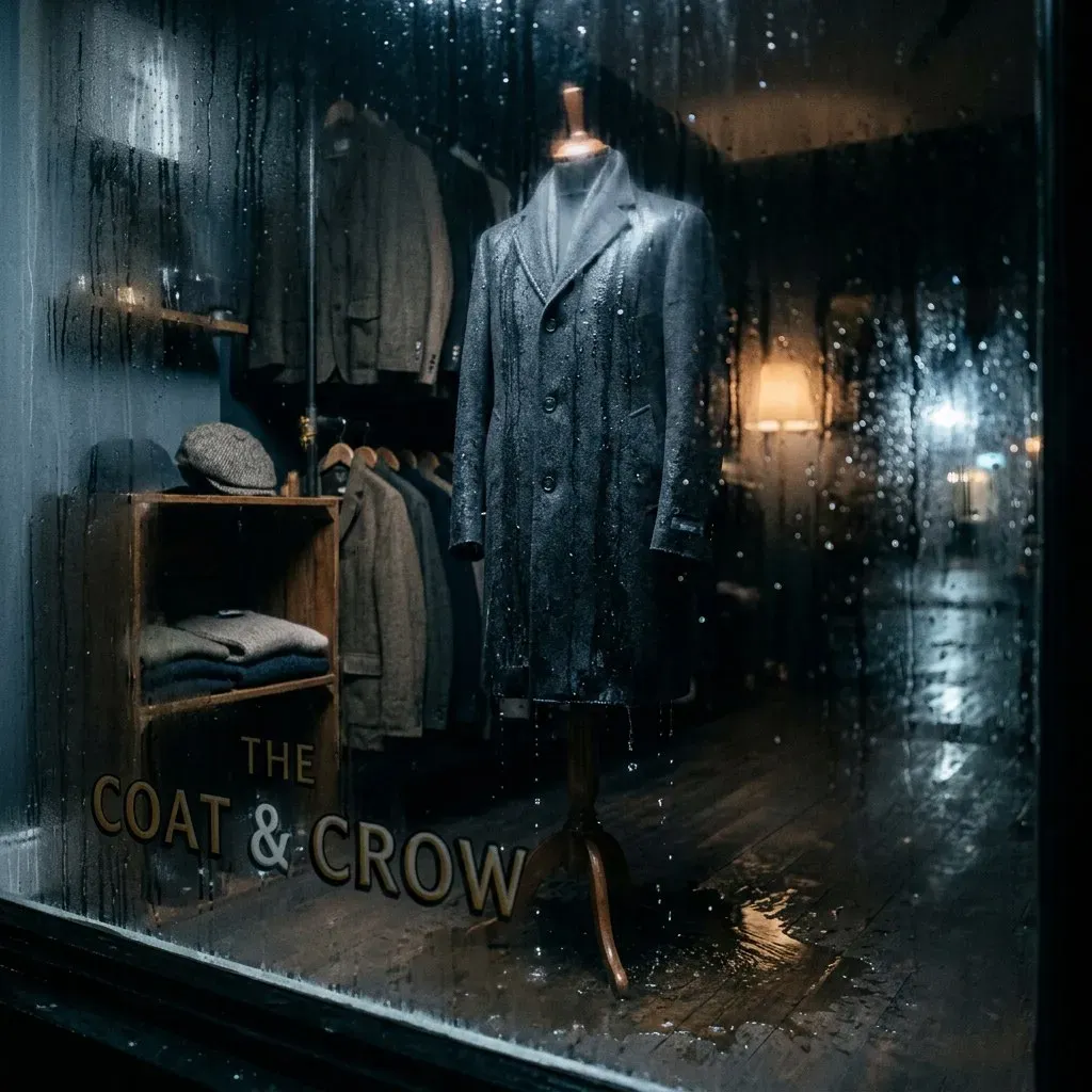 A clothier's window through heavy rain at night — THE COAT & CROW in gold on the glass, a headless mannequin in a long tweed coat.
